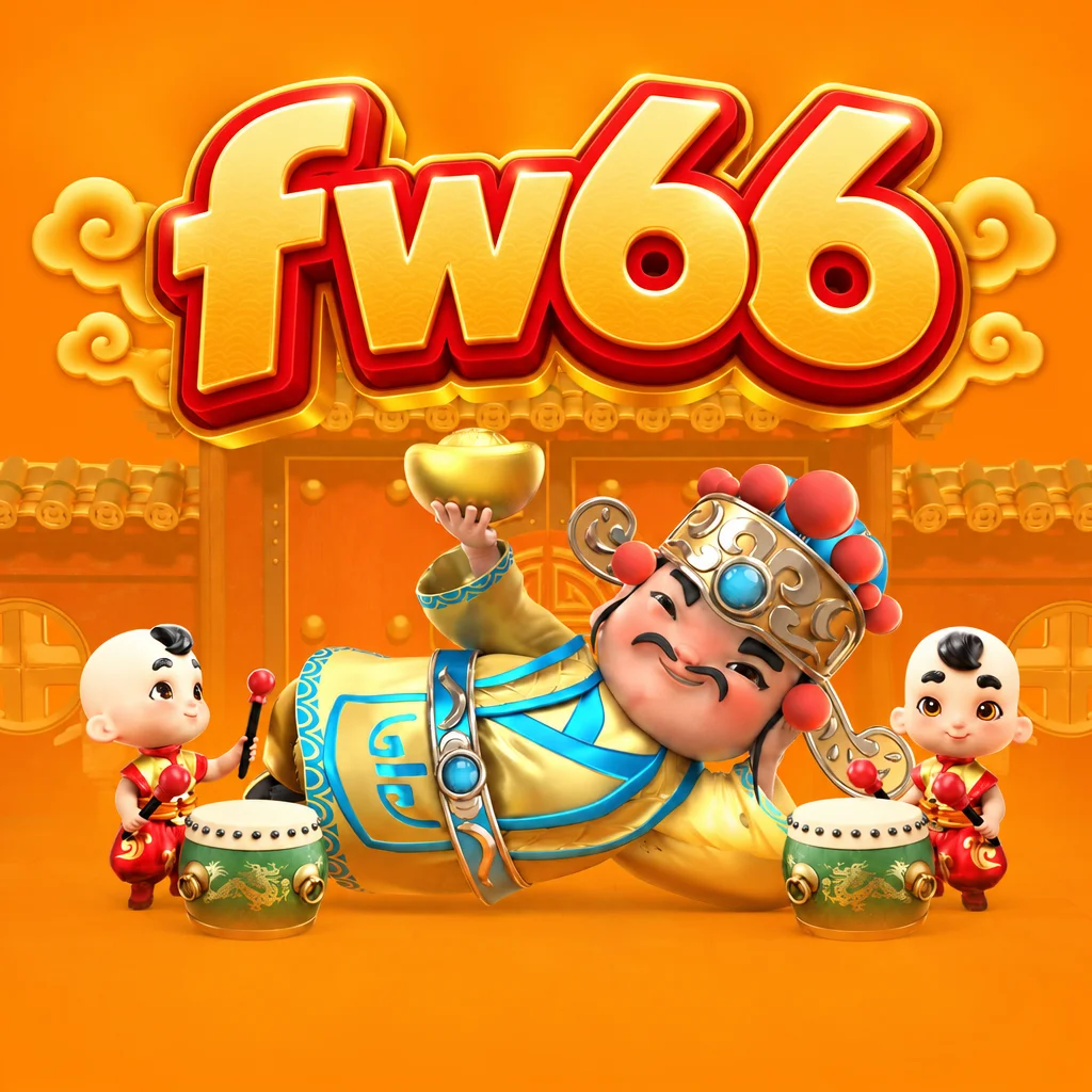 fw66 Fortune Gods menampilkan sosok Dewa Rezeki memegang mangkuk emas diapit dua anak pemukul drum
