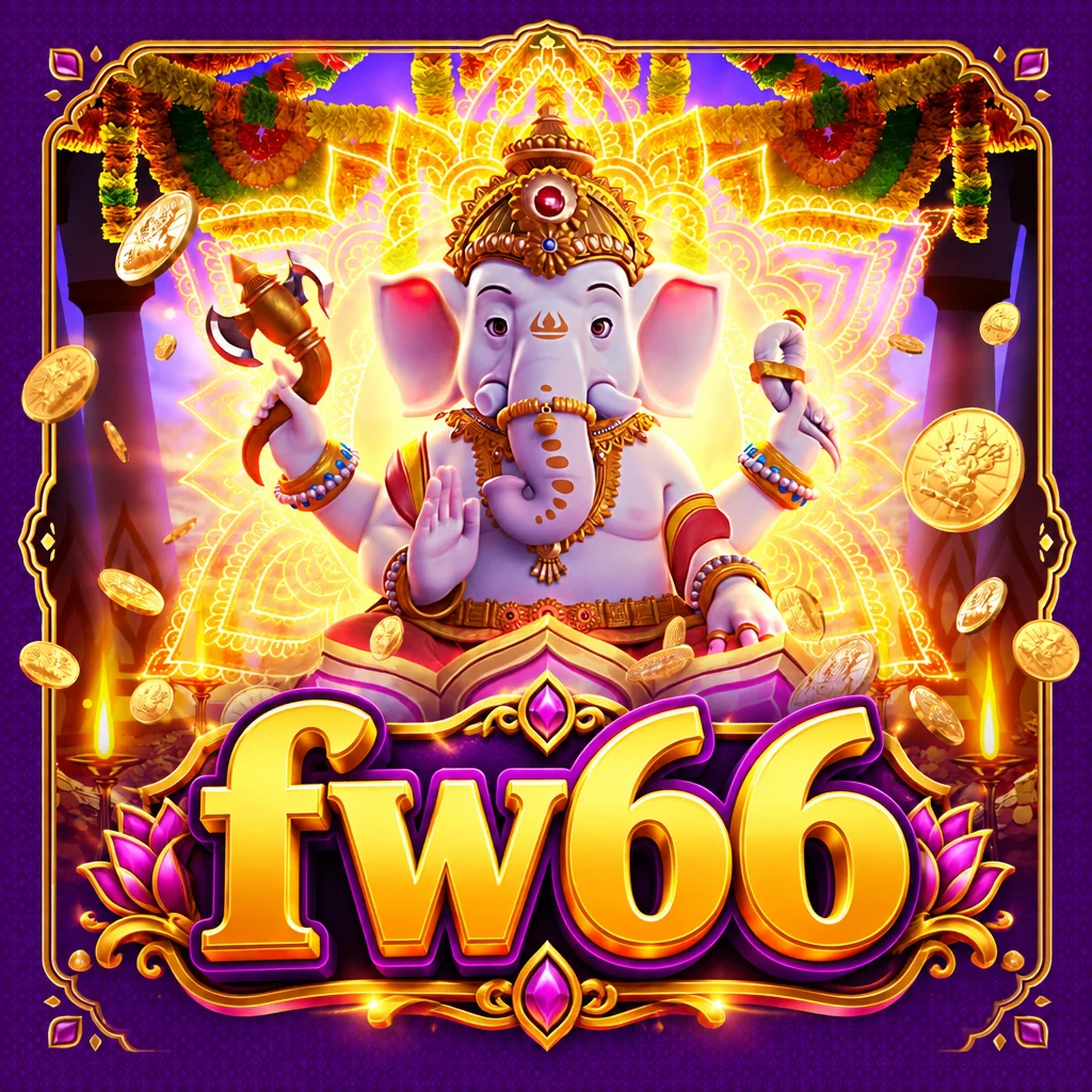 fw66 Ganesha Gold menampilkan karakter Dewa Ganesha berwarna emas berlatar kuil dan teratai