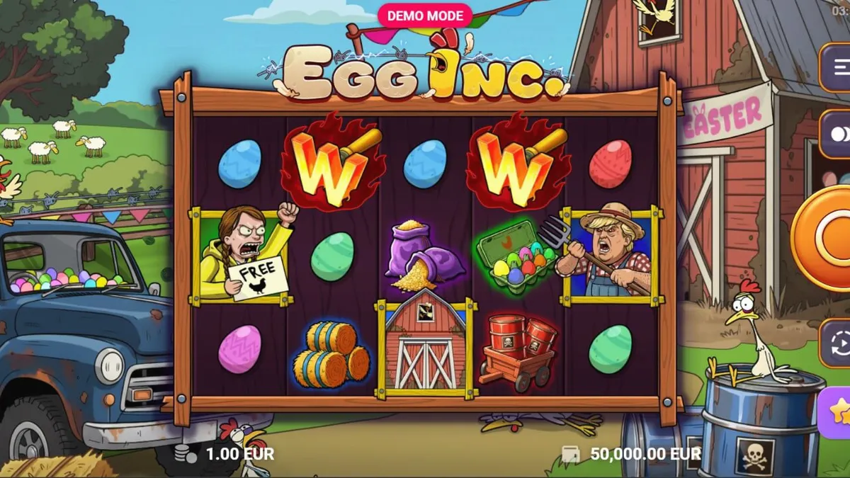 Tampilan visual slot Egg Inc. dengan tema peternakan kartun yang ceria