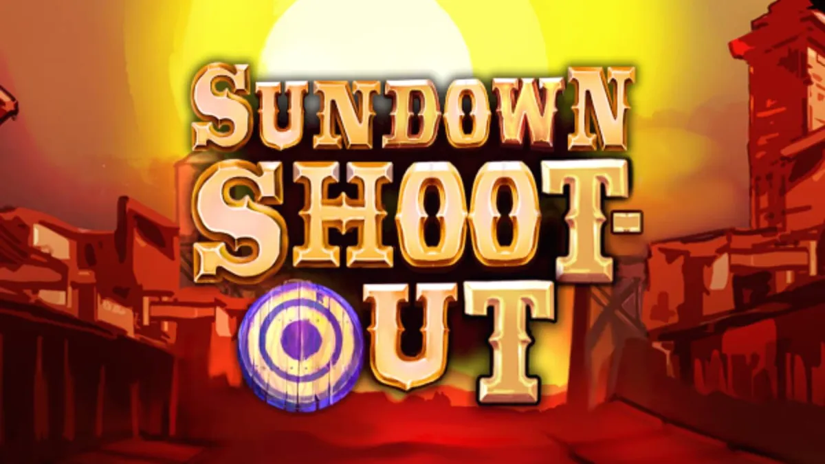 Visual bertema Wild West dari slot Sundown Shootout dengan elemen revolver dan simbol gurun