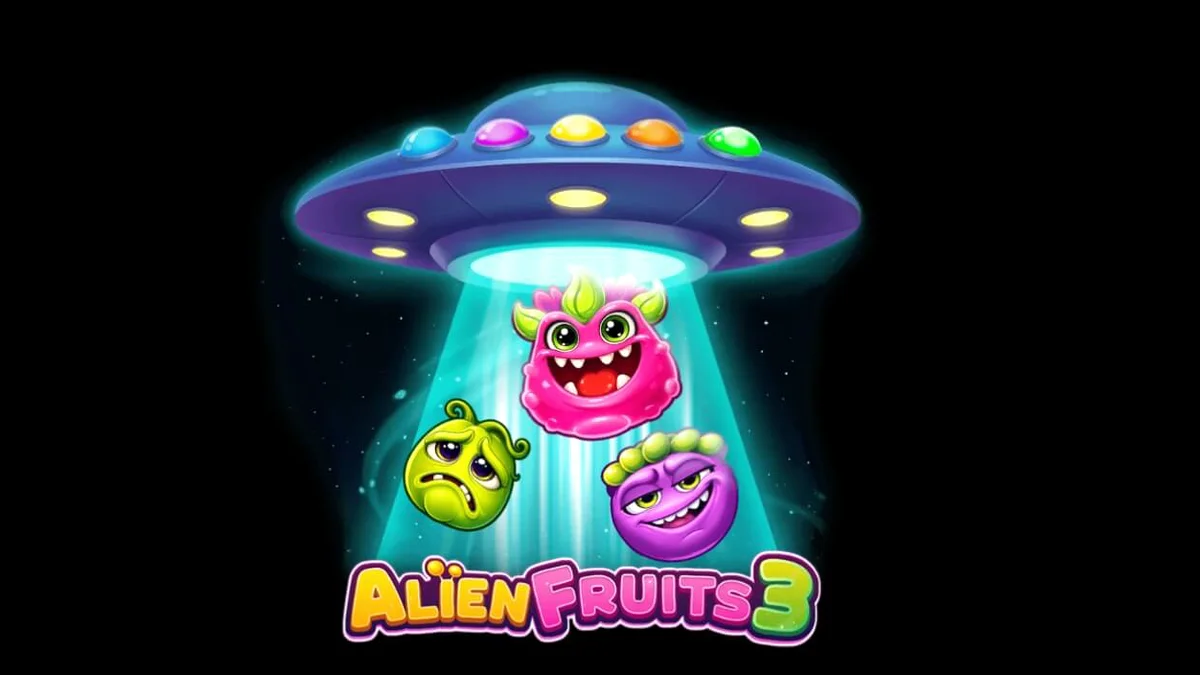 Tampilan visual grid 8x8 pada slot Alien Fruits 3 dengan tema neon luar angkasa