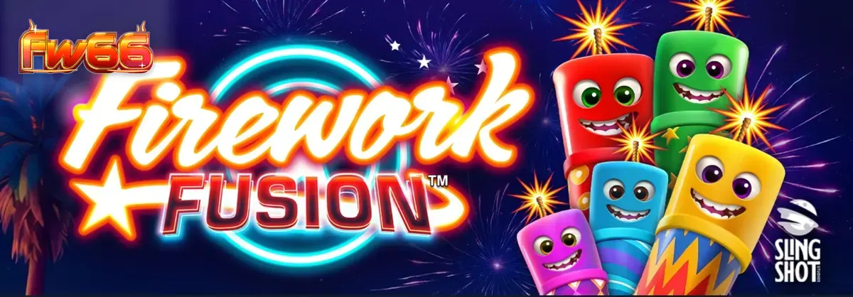 Tampilan visual cerah dan meriah dari permainan slot Firework Fusion dengan latar belakang karnaval tepi pantai.
